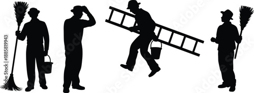 Chimney sweep worker silhouettes collection with ladder, broom and bucket, traditional cleaning profession characters, maintenance service concept, black vector illustration