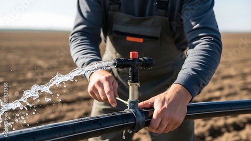 A farmer wearing overalls is diligently working on an agricultural irrigation system in a dry, cultivated field.