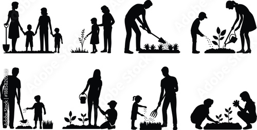 Family gardening silhouettes, parents and children planting trees, watering plants, outdoor eco activities, nature care, environmental education, sustainable lifestyle, black vector illustration set