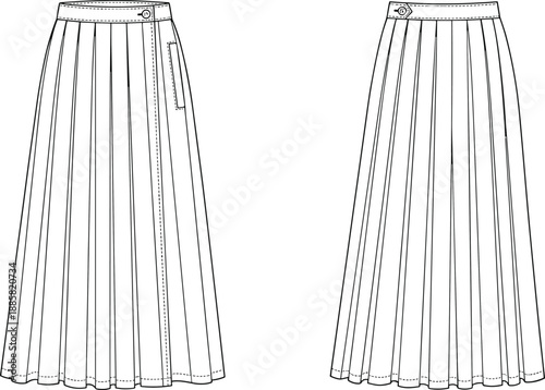 A line maxi skirt technical flat, front and back view, button waistband detail, fashion line art, vector illustration