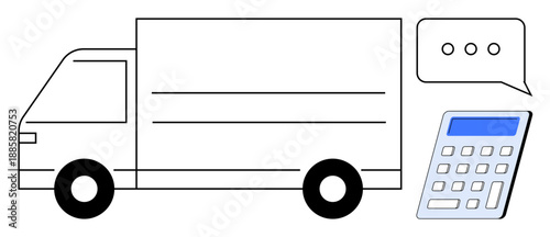 Logistics, cost estimation, communication, delivery services, transportation, budgeting. A delivery truck, calculator and a speech bubble. Logistics and cost estimation concepts for business