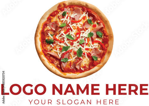 Pizza logo vector with cheese, basil, and meat slices for fast food, pizzeria, or snack branding