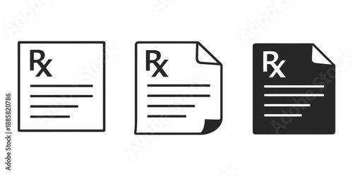 Minimalist prescription icon set featuring Rx symbol variations for medical design