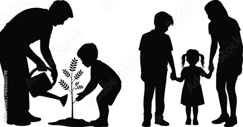 Family planting tree silhouette illustration, parents and children gardening together, environmental education, eco friendly lifestyle, nature care concept vector design