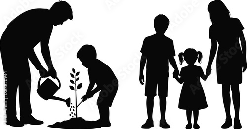 Family planting tree silhouette vector illustration, parents and children gardening together, environmental awareness, eco friendly lifestyle, nature conservation concept for education