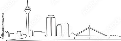 One single line drawing of Dusseldorf city skyline, Germany. Historical skyscraper landscape in world. Best holiday wall decor art destination. one line Icon drawing