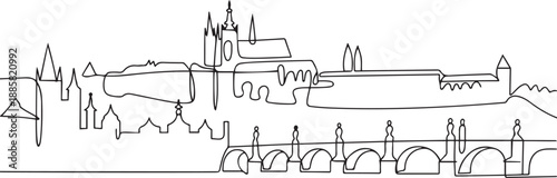 One continuous line drawing of Prague city skyline, Czech Republic. Beautiful landmark. World landscape tourism and travel vacation. one line Icon drawing