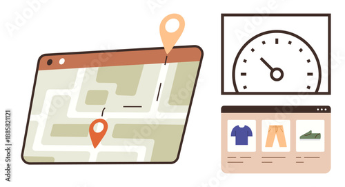 Navigation tools, e-commerce platforms, online shopping, data performance, digital tools, productivity. Screen with map and markers, speedometer and shopping interface. Navigation tools