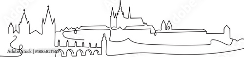 One continuous line drawing of Prague city skyline, Czech Republic. Beautiful landmark. World landscape tourism and travel vacation. one line Icon drawing
