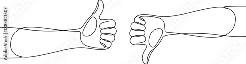 One line drawing of young male arm hands with thumbs up and thumbs down sign gesture. Good and bad symbol concept. one line Icon drawing
