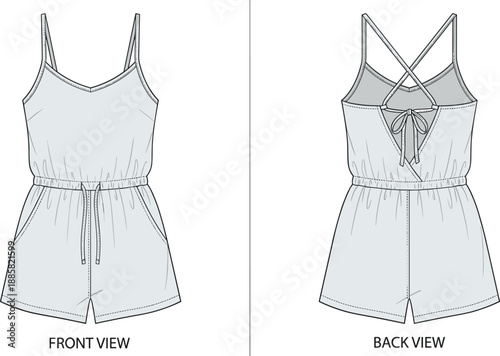 Women romper technical fashion illustration, front back view garment sketch, spaghetti strap playsuit design, modern apparel drawing