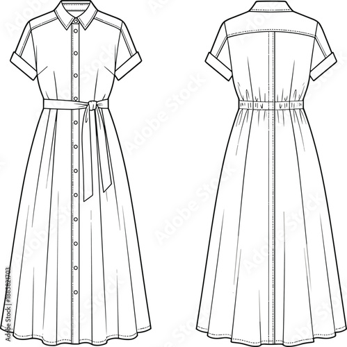 Women's button down shirt dress technical flat sketch, front and back view, fashion illustration for apparel pattern design