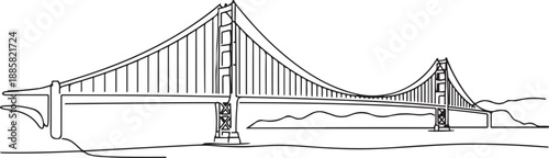 One continuous line drawing Golden Gate Bridge landmark. Iconic place in San Francisco USA. Holiday wall decor home art poster print concept. one line Icon drawing