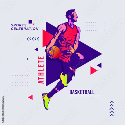 Urban Sport, basketball player jumping action in flat vector. Colorful athletic character for sports day celebration, fitness campaign, jumping slam dunk. Action basketball player for sports event.