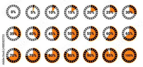 A series of circular progress indicators displaying percentages from 0% to 100%, each with different levels of completion. The design features a combination of gray and orange colors for each progress
