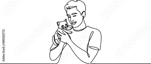 Single one line drawing of young handsome man with casual t-shirt holding his cute cat. Male pet owner plays with little cat. one line Icon drawing