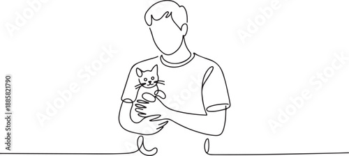Single one line drawing of young handsome man with casual t-shirt holding his cute cat. Male pet owner plays with little cat. one line Icon drawing