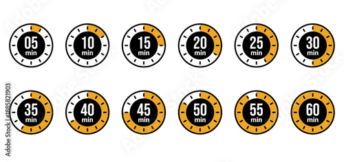 A collection of timer icons displaying time intervals from 5 minutes to 60 minutes, with yellow accents highlighting the time progression. These icons are ideal for use in productivity apps, time mana