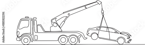 Continuous one line drawing tow truck is lifting the broken car to be lifted onto it using the crane. The car was damaged in a traffic accident. one line Icon drawing