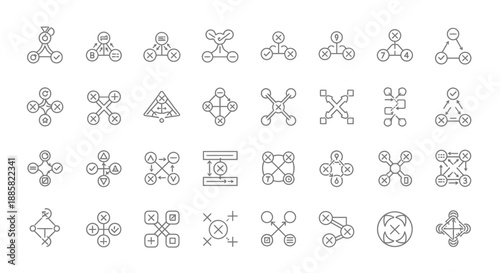 Collection of Simple Line Icons Representing Various Concepts and Objects.