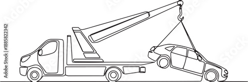 Continuous one line drawing tow truck is lifting the broken car to be lifted onto it using the crane. The car was damaged in a traffic accident. one line Icon drawing