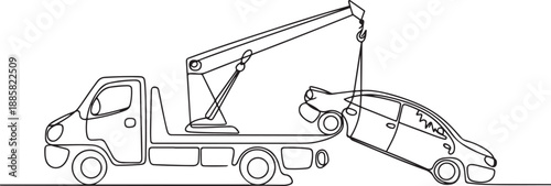 Continuous one line drawing tow truck is lifting the broken car to be lifted onto it using the crane. The car was damaged in a traffic accident. one line Icon drawing
