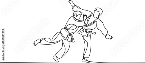 One single line drawing of two young energetic judokas fighter men battle fighting at gym center vector graphic illustration. Martial art sport competition concept. one line Icon drawing