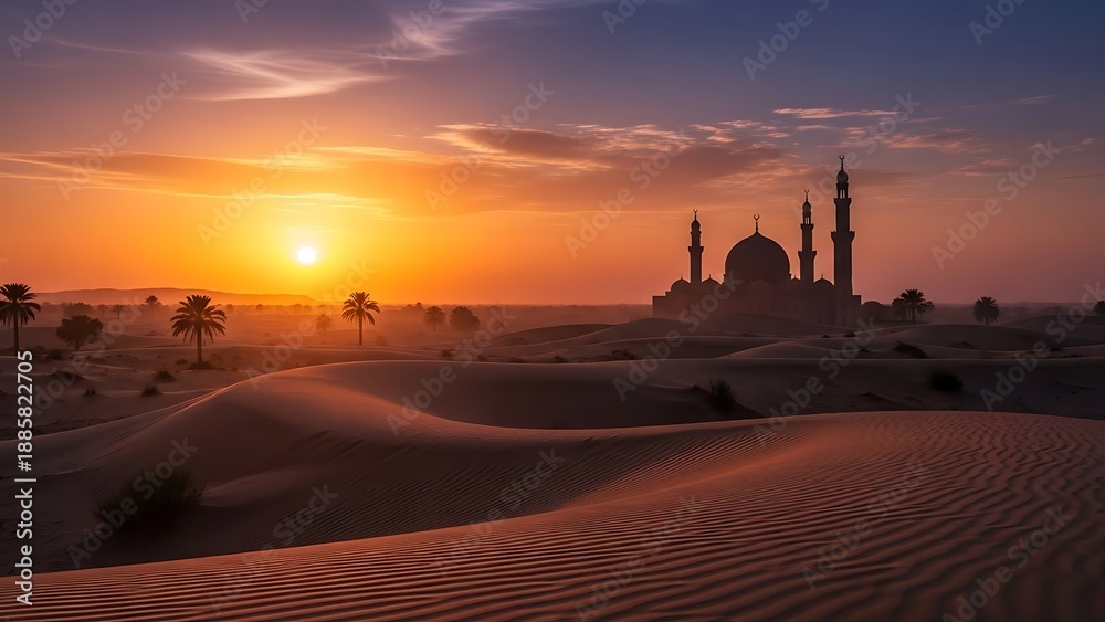 Obraz premium Majestic mosque silhouette against a fiery desert sunset, with rippling sand dunes and palm trees