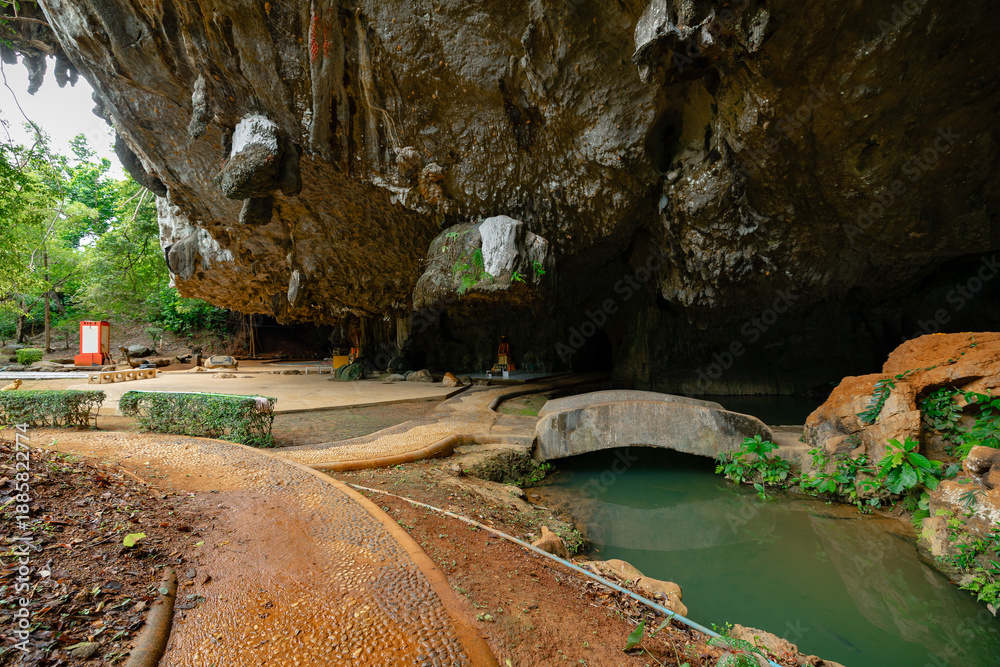 Fototapeta premium Scenic limestone cave Tham Phung Chang entrance with greenery in phang nga, thailand