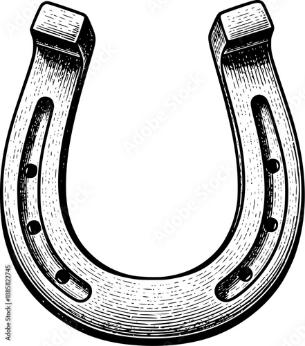 Vintage Engraved Horseshoe Illustration Symbol of Luck, Farm Equipment, Western Design, Rustic Branding, and Black and White Icon