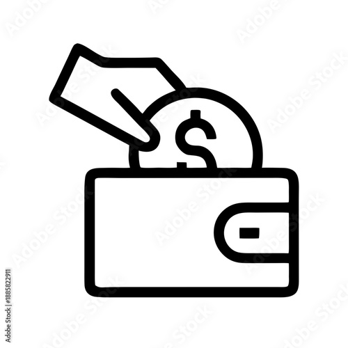 This is a minimalist black line icon on a plain white background, showing a hand inserting a dollar-mark coin into a snap closure wallet, representing cash deposit and payment behavior.

