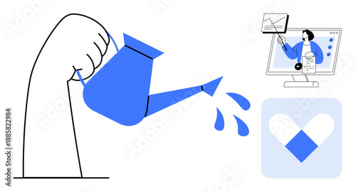 Digital growth concept. watering as a metaphor for investment, data analysis on a monitor, and app development processes. Digital tools facilitating innovation and growth. Ideal for business