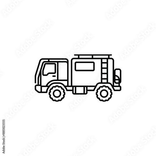 Minimalist black and white outline illustration of a utility truck in side view. Clean line art style suitable for transportation concepts, emergency services, construction vehicles