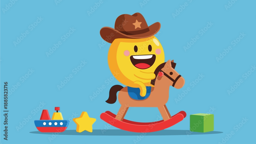 Obraz premium A smiling emoticon wearing a cowboy hat rides a wooden rocking horse surrounded by toys and stars