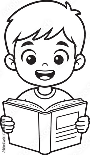 Happy cartoon boy reading a book with a joyful expression, perfect for children's educational content