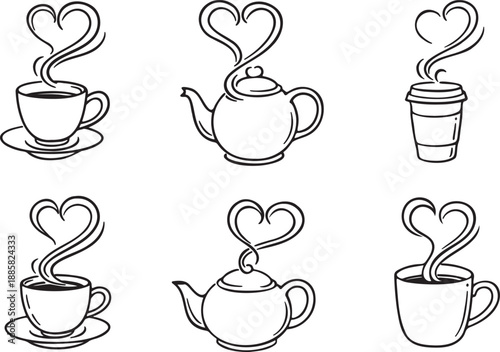 Coffee and tea doodle collection featuring heart shaped steam and cozy cups