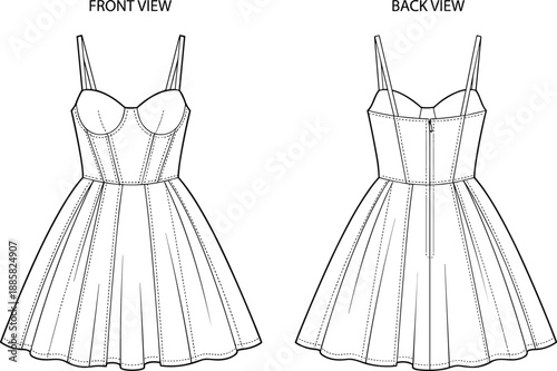 Bustier mini dress technical flat, front and back view, corset bodice, pleated skirt, spaghetti straps, fashion line art vector illustration