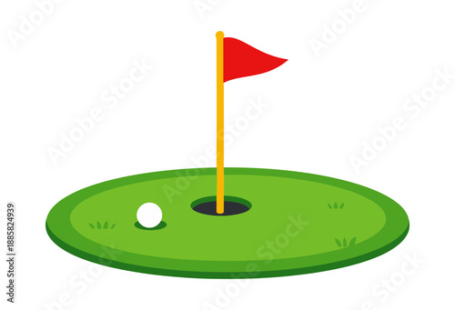 Flat design illustration of a golf putting green depicting a flag and ball for sports
