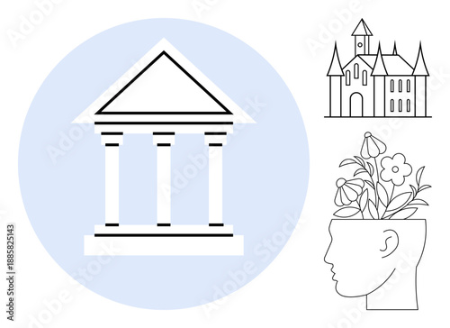 Ancient temple facade, flowering ideas in a human head, and a medieval castle. Ideal for education, history, creativity, knowledge, tradition, imagination and culture as a simple flat metaphor