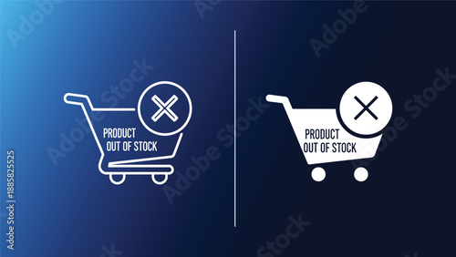Out of stock shopping cart icons with cross symbol on gradient blue background for e commerce and retail