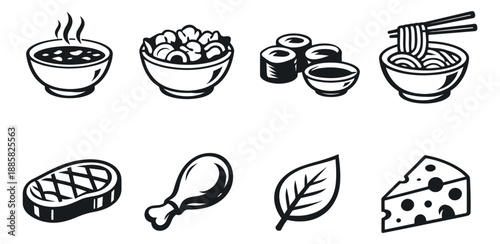 Bold line art food icons set featuring soup, sushi, ramen, steak, chicken, and cheese for restaurant menus and culinary concepts