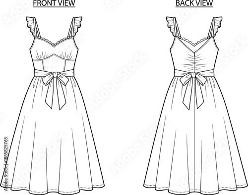 Lace strap maxi dress technical flat, front and back view, bow waist detail, fashion line art, elegant silhouette, vector illustration