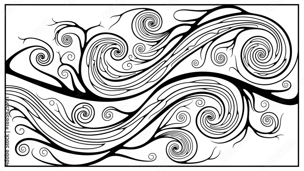 Fototapeta premium Dynamic Swirling Organic Lines Pattern, Stylized Wind or Water Design, Isolated White Background