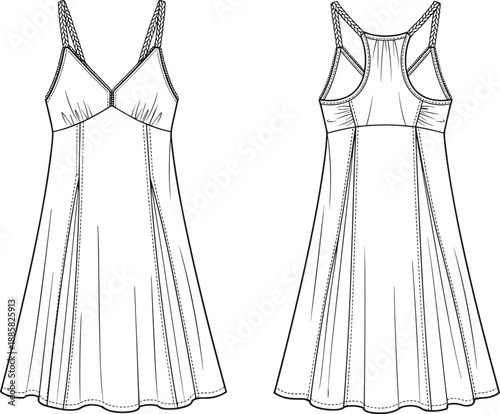 Lace strap maxi dress technical flat, front and back view, V neck bodice, racerback style, fashion line art, vector illustration
