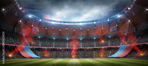 Football stadium at night with cheerful atmosphere. An imaginary soccer stadium is modelled and rendered.