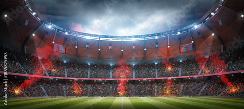 Football stadium at night with cheerful atmosphere. An imaginary soccer stadium is modelled and rendered.