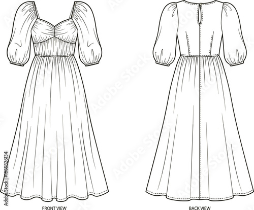 Long sleeve maxi dress technical flat, front and back view, fashion line art, puff sleeves, vector illustration