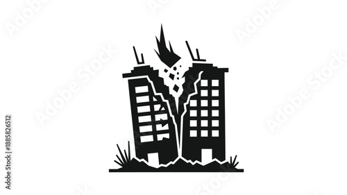 black and white image depicting damaged buildings with a striking silhouette