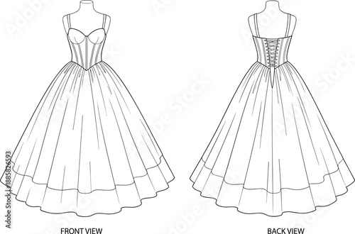 Strapless ball gown technical flat, front and back view, fashion line art, corset bodice, vector illustration