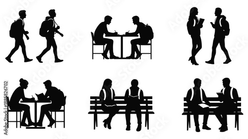 group of people walking sitting and conversing in a black silhouette
